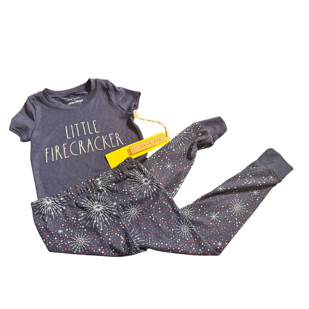 Rae Dunn Kids Little Firecracker Pajamas Size 5 Navy Blue Fireworks Print